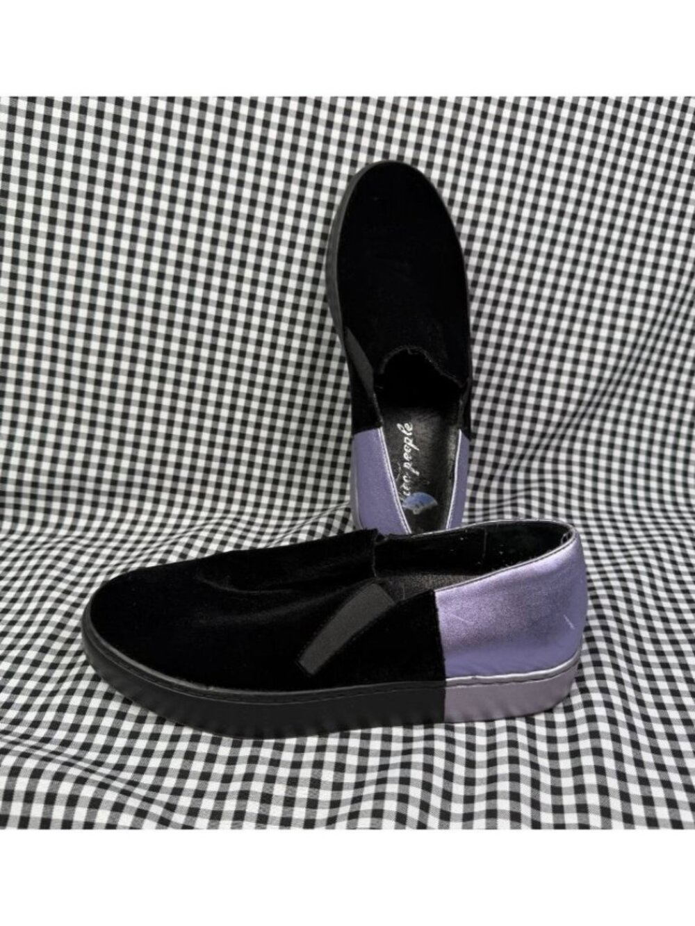 Free People Varsity Slip On Sneakers Black Velvet Purple Leather EU 38 / US 7.5